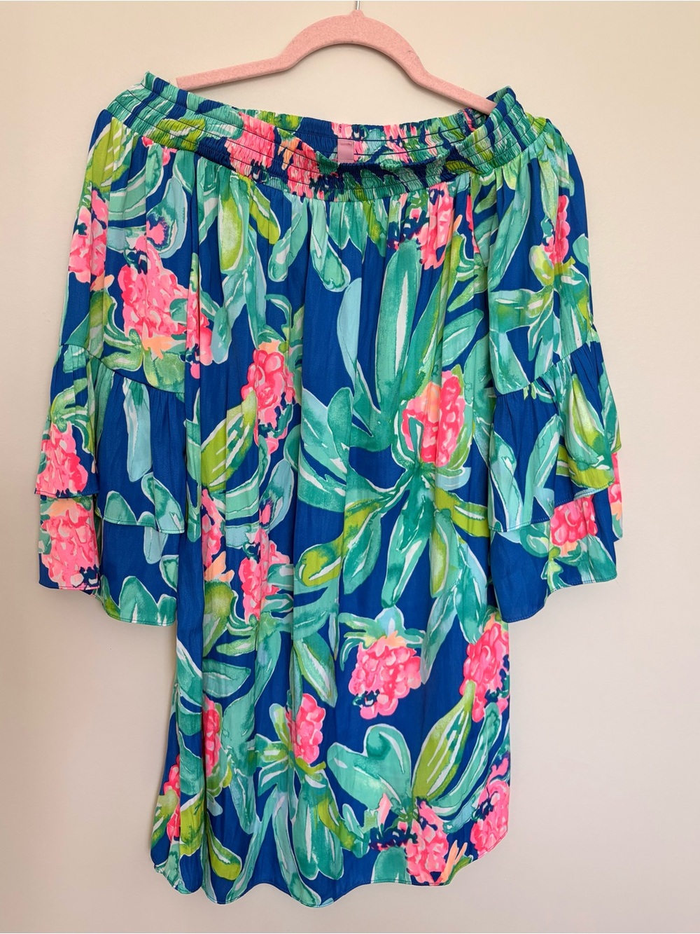 Lilly Pulitzer Off Shoulder Tropical Dress XS Ruffle Sleeve Bright Print